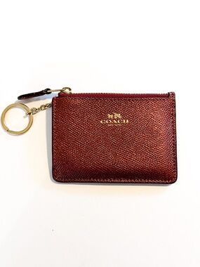 Authentic Coach Metallic Burgundy Leather Key Card Pouch with Gold Hardware
